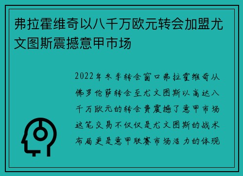 弗拉霍维奇以八千万欧元转会加盟尤文图斯震撼意甲市场 弗拉霍维奇以八千万欧元转会加盟尤文图斯震撼意甲市场