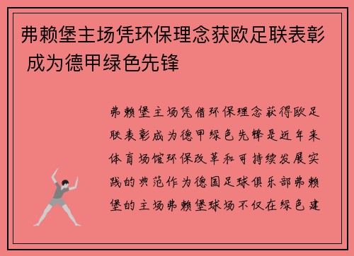 弗赖堡主场凭环保理念获欧足联表彰 成为德甲绿色先锋